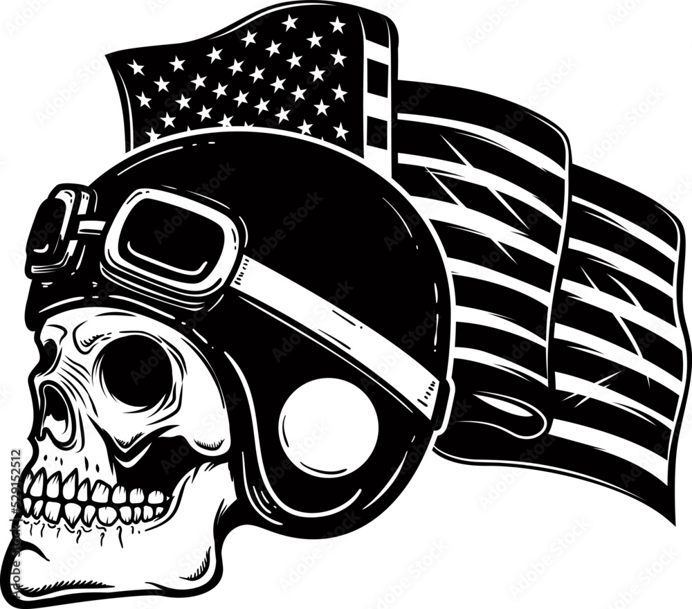 Wall mural racer skull on usa flag background. biker skull. design element for poster, card, banner, sign. vect