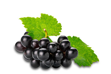 Bunch of ripe black grapes with green leaf isolated on white background with clipping path.