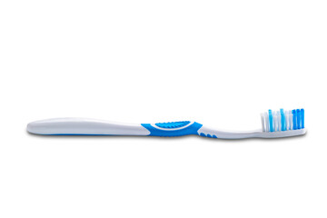 Single new blue toothbrush isolated on white background with clipping path. Soft blue brush toothbrush on white background.
