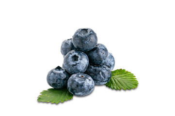 Pile of fresh blueberry and green leaves isolated on white background with clipping path.