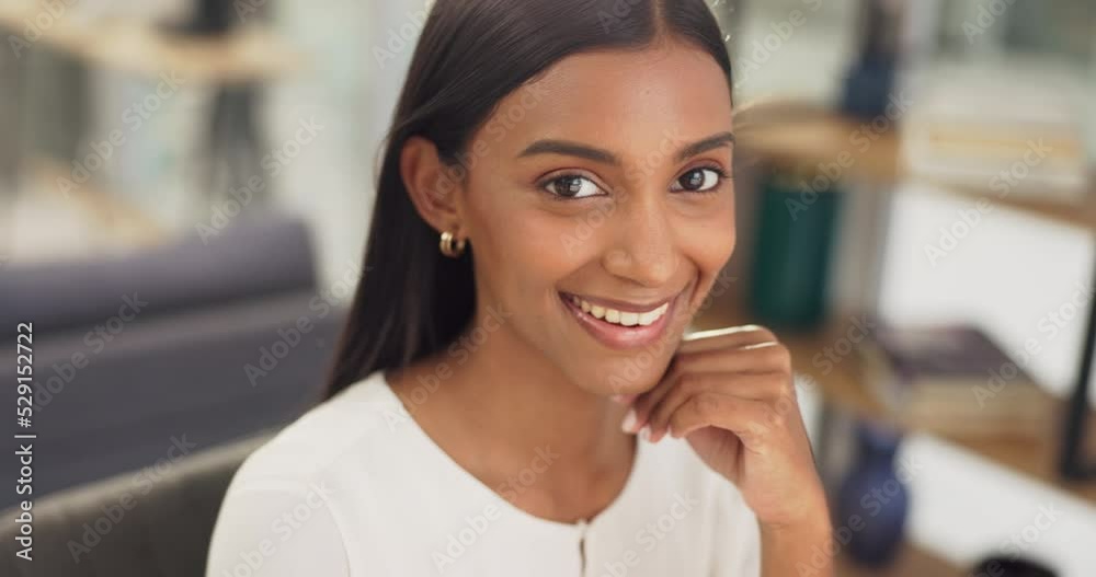 Poster portrait, smile and happy indian student typing an email proposal for a university application onlin