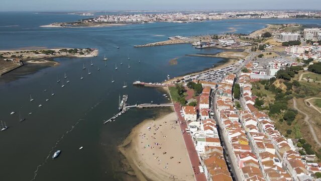 Aerial view of Seixal little township along the bay, Seixal, Setubal, Portugal.