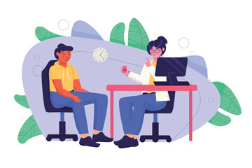 Concept doctor appointment with people scene in the flat cartoon style. Doctor prescribes medicine to the patient to help him. Vector illustration.