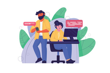 Concept chatting with people scene in the flat cartoon style. Colleagues correspond in a join chat to solve business problems and inform others about news. Vector illustration.