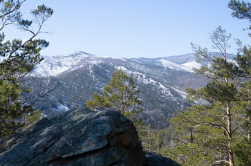 Obraz premium View from the top of the snow-covered mountains. Around the coniferous forest, pines.
