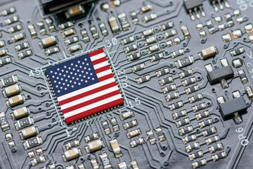 Flag of USA on a processor, CPU Central processing Unit or GPU microchip on a motherboard. US firms...