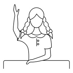 The schoolgirl raises her hand to answer the question. Sketch. A girl with pigtails sits at a school desk, front view. Vector illustration. Coloring book for children. Doodle style. School theme. 