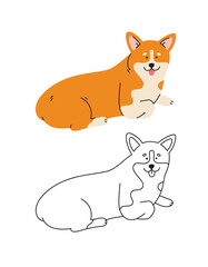 Cute Welsh Corgi Dog vector cartoon illustration. Hand-drawn dog in contemporary flat style, and line art. Cartoon animal, pet. The dog is lying down.