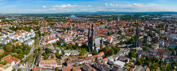 Aerial view of downtown of the city Speyer in Germany on a sunny day in summer.