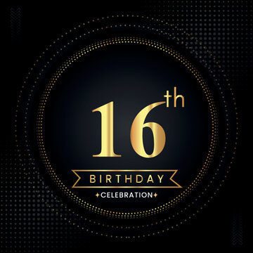 Happy 16th birthday with golden dotted circle frames on black background. Premium design for banner, poster, anniversary, birthday celebrations, birthday card, greetings card, ceremony.