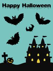 Halloween greeting card with castle. Cartoon style. Vector illustration.