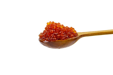 Red caviar in wooden spoon isolated on white background