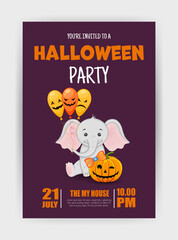 Halloween holiday card with elephant. Cartoon style. Vector illustration.