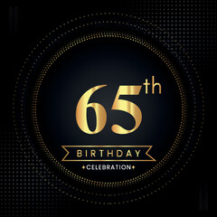 Happy 65th birthday with golden dotted circle frames on black background. Premium design for banner, poster, anniversary, birthday celebrations, birthday card, greetings card, ceremony.