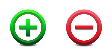 Plus and minus sign icons. Green plus and red minus symbol. Flat vector illustration.