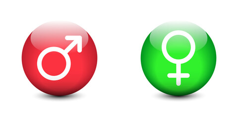 Gender sign icons. Realistic glossy buttons with male and female gender icons. Flat vector illustration.