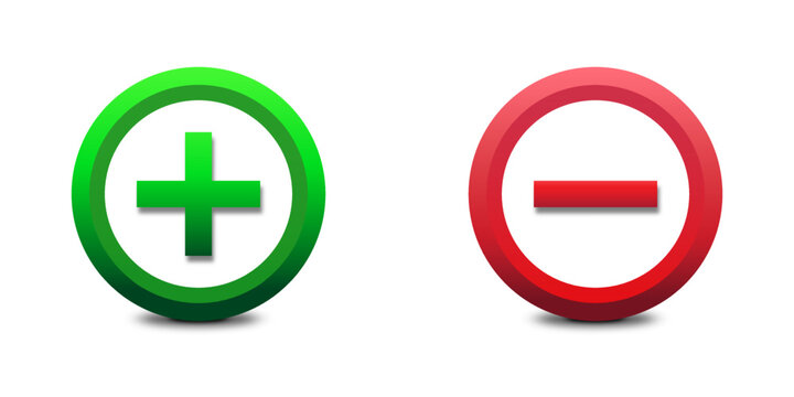 Plus and minus sign icons. Green plus and red minus symbol. Flat vector illustration.
