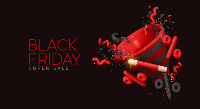 Black Friday super sale. Promo background with realistic 3D cartoon style elements, red party hat, confetti and magic wand, percent symbols. Promotion banner, web poster. Vector Illustration