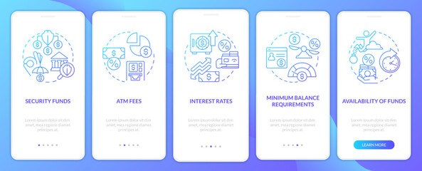 Choosing credit union blue gradient onboarding mobile app screen. Banking walkthrough 5 steps graphic instructions with linear concepts. UI, UX, GUI template. Myriad Pro-Bold, Regular fonts used