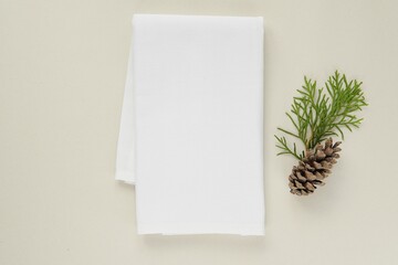 Christmas kitchen towel mockup for design presentation, white plain cotton tea towel.