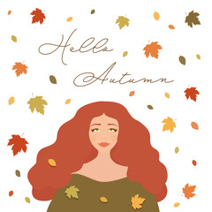 Hello Autumn, welcome Fall, Hello Fall, young red-haired woman with freckles joyfully welcoming autumn, looking up at falling tree leaves (red, yellow, orange, green leaves)