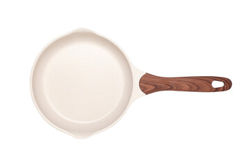 White frying pan. Top view of new empty marble coating pan isolated on white background. With clipping path.