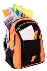 School bag backpack filled with pencils and equipment isolated transparent background photo PNG file