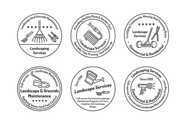 Fototapeta na wymiar Landscape services minimalist circle badge set line vector illustration. Gardening design company