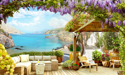 Cafe in a wooden gazebo by the rocky shore. Mural on the wall. Photo wallpapers.
