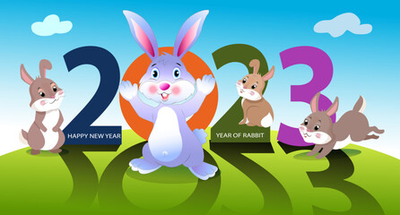 Happy New Year 2023, group of cute funny rabbit heads set, bunny character collection, cute wildlife animal cartoon vector