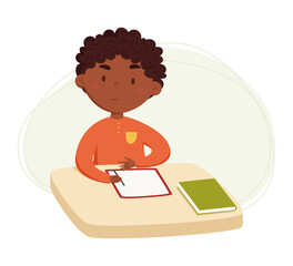 Cute african black boy doing homework vector illustration. child does the tasks that he was asked at school at home. Daily routine. Schedule. Illustration on abstract background