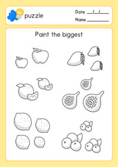 black and white coloring fruits outline about largest size in maths subject exercises sheet kawaii doodle vector cartoon