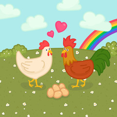 Hens and rooster are giving love to eggs kawaii doodle flat cartoon vector illustration