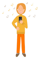 Happy smiling trendy girl in wireless headphones holds a smartphone in his hand and other hand on his belt and listens to music with pleasure. Modern lifestyle