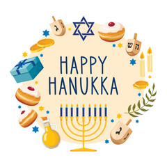 Greeting card or postcard template with Happy Hanukkah lettering and traditional holiday symbols  - menorah, sufganiyah doughnuts, olive branch, gift, gelt, dreidels. Vector illustration