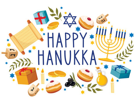 Greeting card or postcard template with Happy Hanukkah lettering and traditional holiday symbols  - menorah, sufganiyah doughnuts, olive branch, gift, gelt, dreidels. Vector illustration