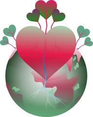 The planet earth and trees grow on it, their roots are the veins of the earth. The heart is in the middle of the planet. Ecology. The globe. Nature. Green energy