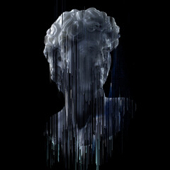 Pixel sorting glitch art from 3D rendering in the style of corrupted graphics of classical head bust on black background.
