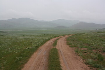 A lonely road in the green and cold steppe, Khuvsgul province, Mongolia. This steppe road is at 1,800 meters (5,905 feet) above sea level. 