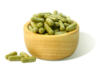 Kratom (Mitragyna speciosa) capsules  isolated on a white background and Clipping Path.