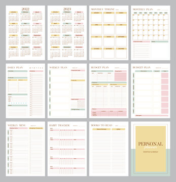 Personal planner page templates with calendar and cover. Vertical A4 format daily, weekly, monthly plan. Budget organization. Calendar 12 monthes 2022-2023 yers. Vector graphic set for daily routine