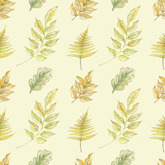Watercolor seamless autumn leaves pattern on yellow background.Good for print,fabrics,textile.