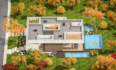 3d rendering of new concrete house in modern style with pool and parking for sale or rent and beautiful landscaping on background. The house has only one floor Clear sunny autumn day with golden leavs
