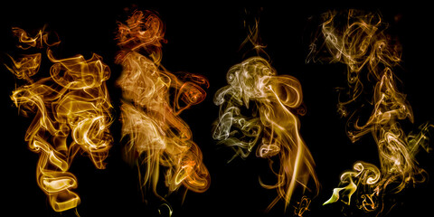 A set of isolated samples of orange smoke on a black background. Clouds and bizarre swirls of smoke...