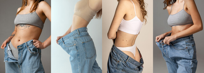 Cropped images of bodies of young slim women with perfect body shapes in oversize jeans isolated...