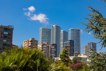 Sustainable cities concept. Downtown district view from a public park.