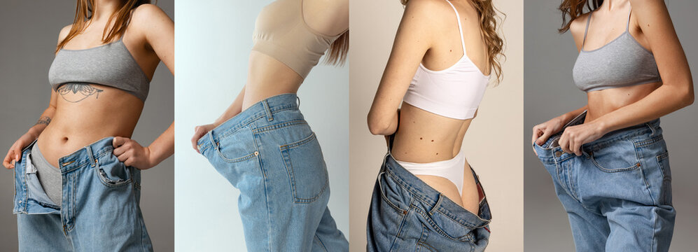 Cropped images of bodies of young slim women with perfect body shapes in oversize jeans isolated over grey background.