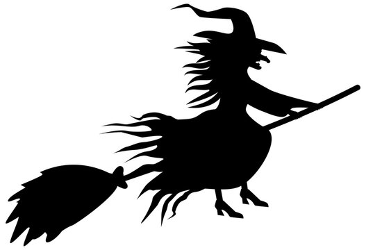 Silhouette of witch flying on broom.