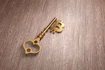 Golden old key with Bitcoin logo as the teeth or ridges on a wooden table. Illustration of the concept of the key to success in cryptocurrencies and protection of digital wallets