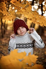 Very smiling boy seven years old in the red wool hat and white sweater is standing in the autumn park behind the yellow maple leaves 

